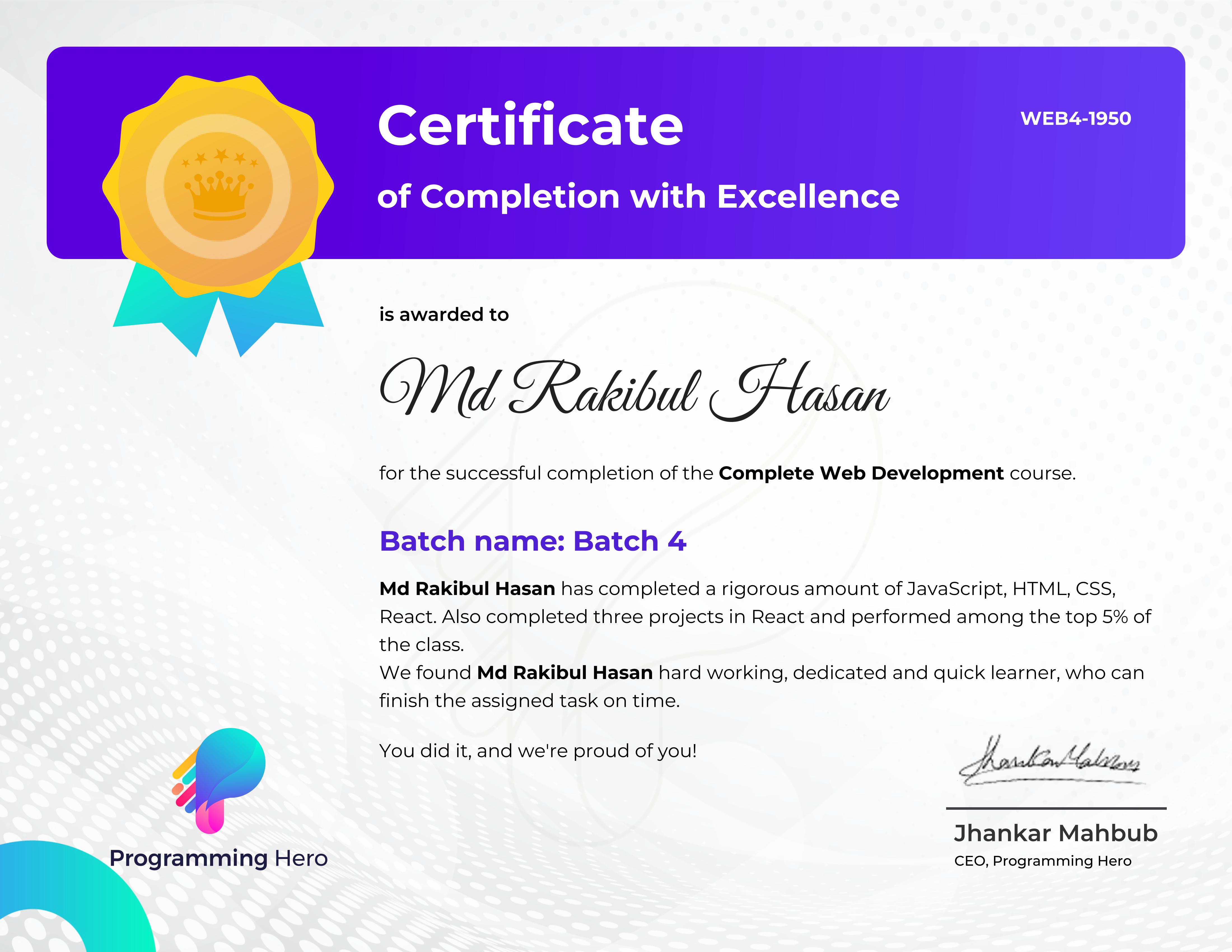 Programming Hero Web Development Certificate